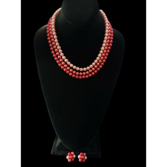Jewelry - Vintage Pink Faux Pearl Necklace 18 Inch With Japan Clip On Earrings Set